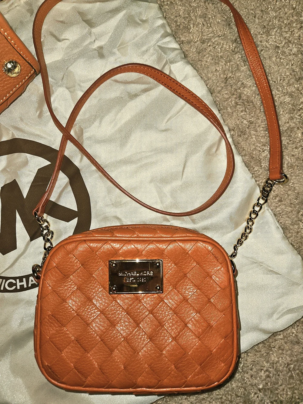 Michael Kors Hamilton Set, Burnt Orange Woven Leather Satchel/Crossbody/Coin Pur